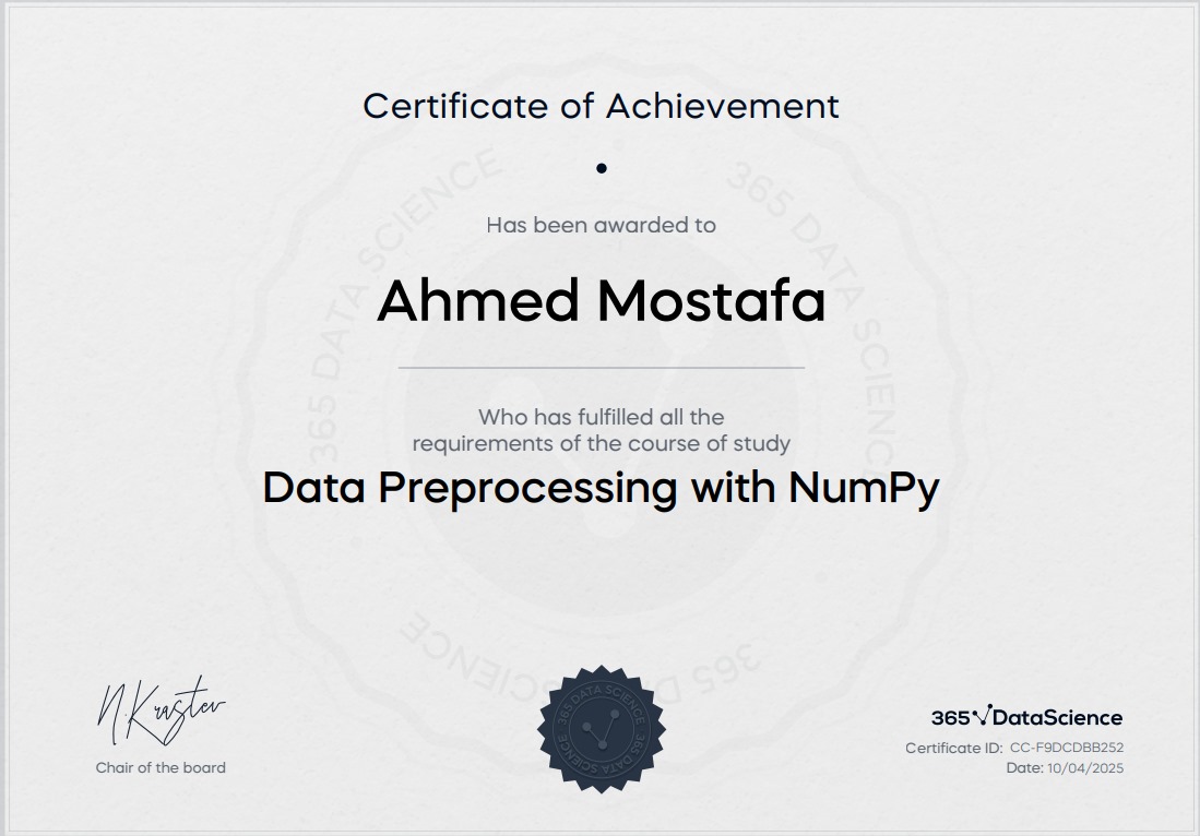 NumPy for Data Preparation certificate